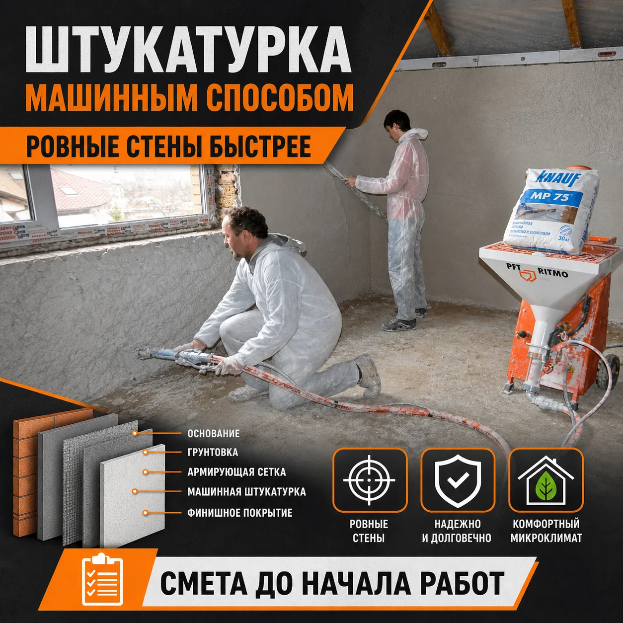 Креатив механизированной штукатурки машинным способом